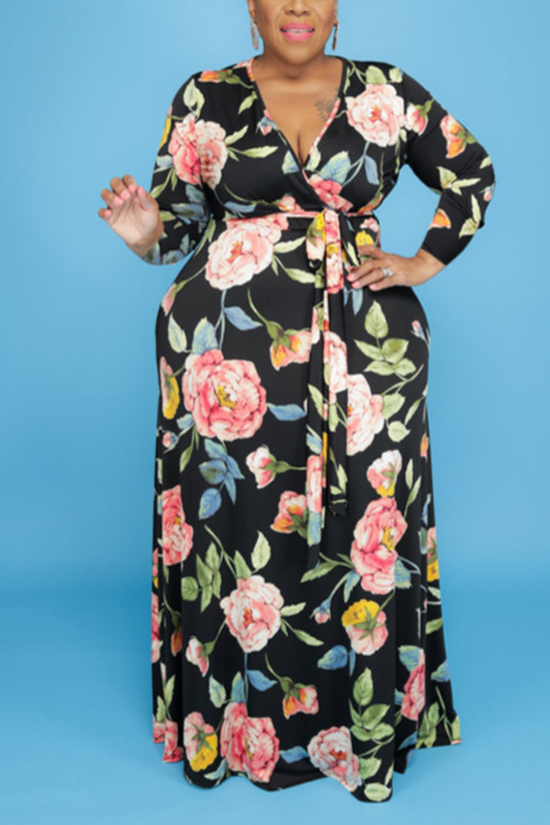 Xl-5Xl Autumn New All-Over Flower Batch Printing Stretch V-Neck Stylish Casual Maxi Dress With Belt 2# - Vougese