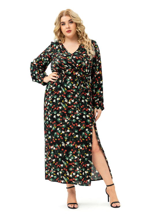 Xl-5Xl Autumn New Floral Printing Inelastic V-Neck High-Slit Stylish Maxi Dress With Belt - Vougese
