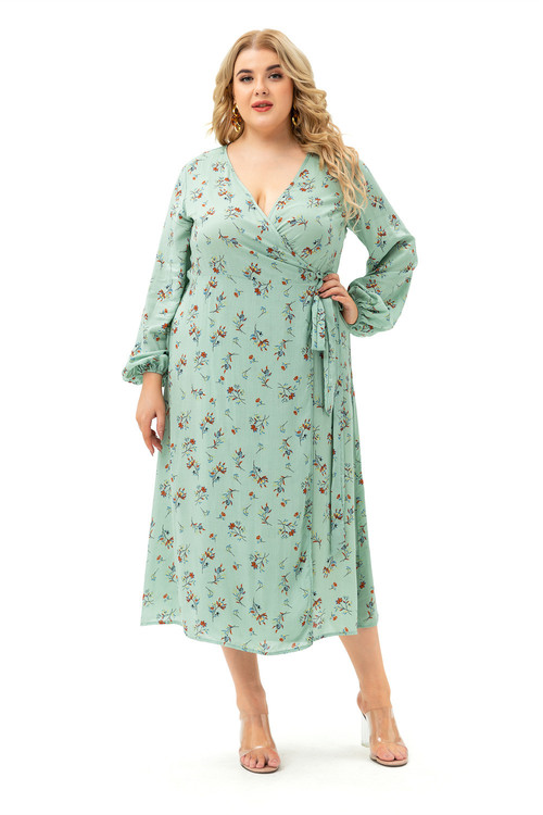 Xl-5Xl Autumn New Floral Printing Micro-Elastic V-Neck Tie-Waist Slit Stylish Midi Dress - Vougese