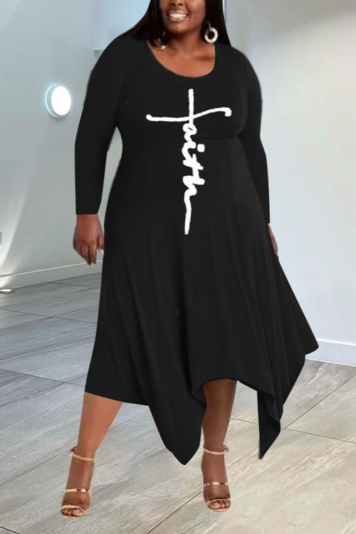Xl-5Xl Plus Size Spring New Stylish Three Colors Crew Neck Letter Printing Irregular Hem Stretch Casual Midi Dress - Vougese