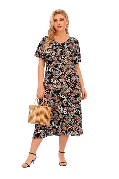 Xl-5Xl Plus Size Summer New Stylish Inelastic Batch Printing V-Neck Short Sleeves Loose Casual Midi Dress - Vougese