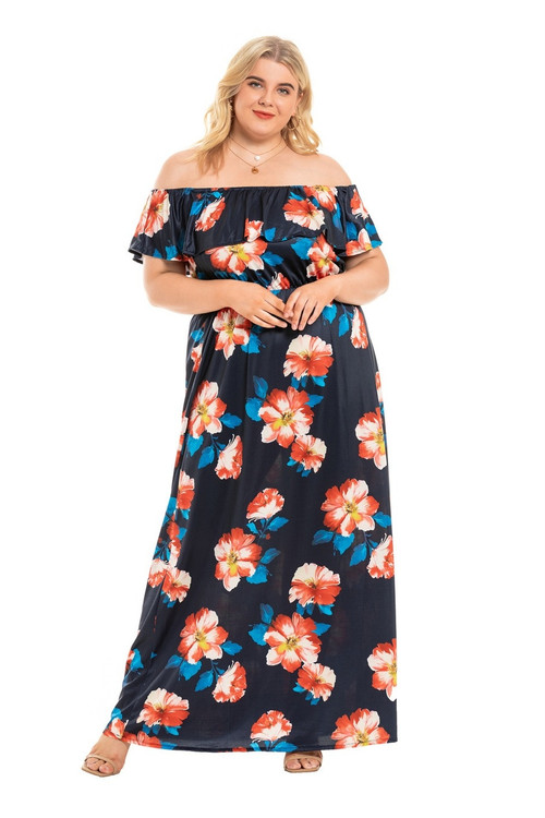 Xl-5Xl Plus Size Summer New Stylish Stretch Batch Printing Off-The Shoulder Short Sleeves Casual Maxi Dress - Vougese