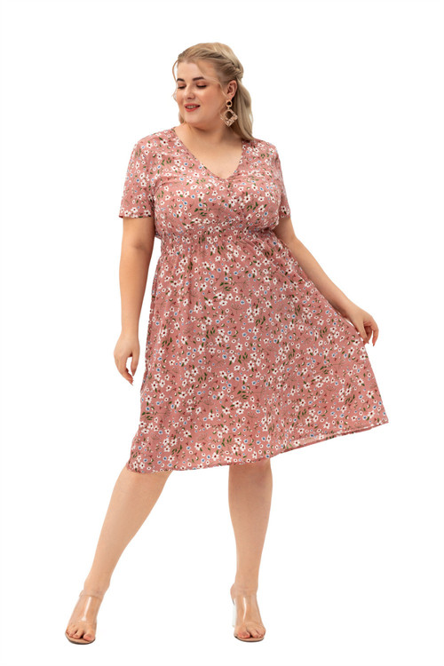 Xl-5Xl Summer New Floral Printing Inelastic V-Neck Stylish Minimalist Midi Dress - Vougese