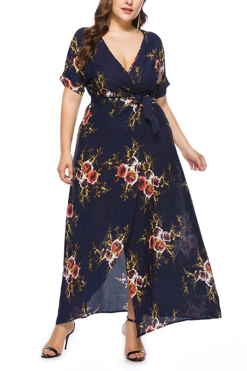 Xl-5Xl Summer New Plus Size Flower Batch Printing Inelastic V-Neck Stylish Bohemia Style Maxi Dress With Belt - Vougese