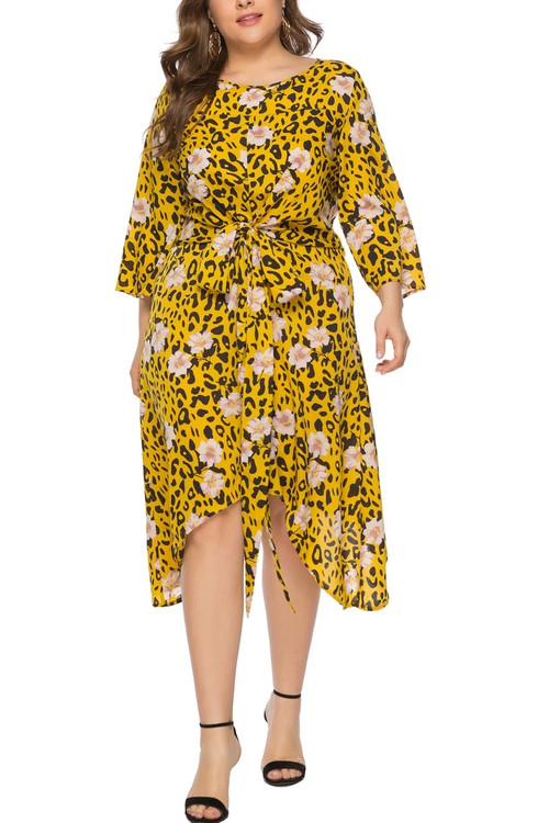 Xl-6Xl Plus Size Leopard & Floral Batch Printing Inelastic Waist-Tie Irregular Stylish Casual Midi Dress(With Belt) - Vougese