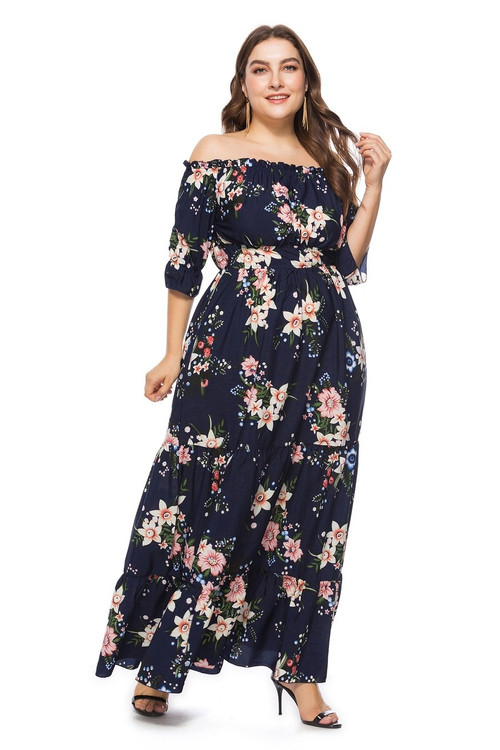 Xl-6Xl Plus Size Spring New Stylish Inelastic Floral Batch Printing Off-The Shoulder Elbow Sleeves Casual Maxi Dress - Vougese