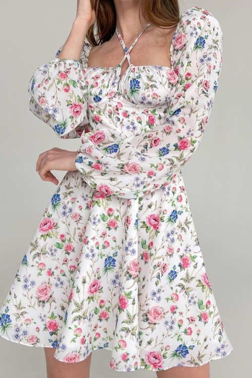 Xs-L Floral Printing Inelastic Square-Neck Lace-Up Zip-Up Back Sweet Rural Mini Dress - Vougese