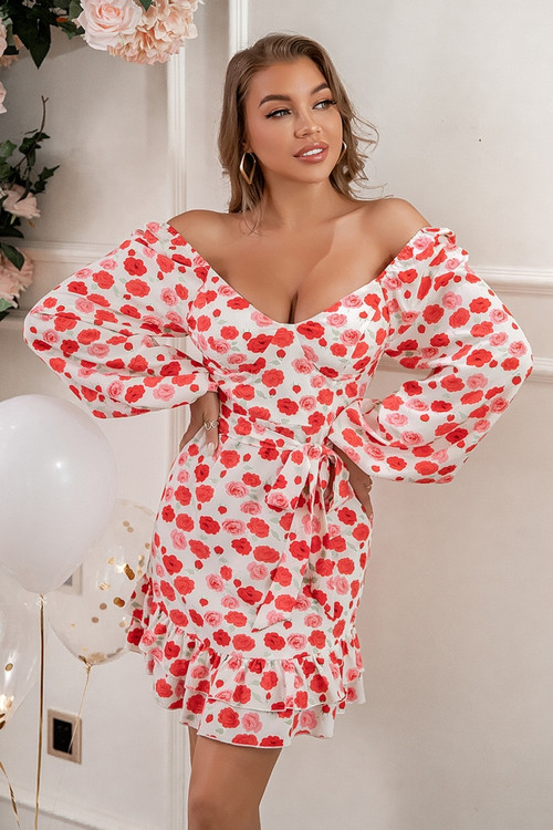 Xs-L Spring New Stylish Batch Printing Good Quality Ruffled Inelastic Zip-Up Sexy Mini Dress(With Belt) - Vougese