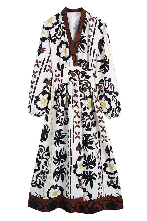 Xs-L Spring New Stylish Inelastic Flower Batch Printing Long Sleeves Lace-Up V-Neck Loose Casual Maxi Dress - Vougese