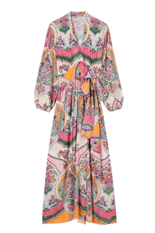 Xs-L Spring New Stylish Micro Elastic Flower Batch Printing Lace-Up Long Sleeves Casual Maxi Dress - Vougese