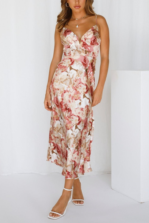 Xs-L Summer Flower Batch Printing Inelastic Padded Underwire Adjustable Straps Zip-Up Back Stylish Pastoral Style Midi Dress - Vougese