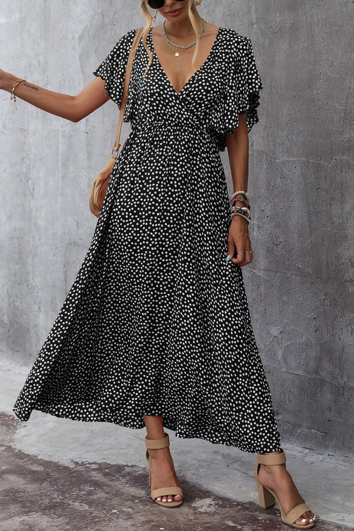 Xs-L Summer New 4 Colors Floral Batch Printing Micro Elastic V-Neck Casual Maxi Dress - Vougese