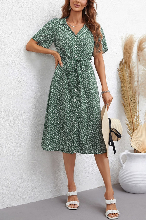 Xs-L Summer New Floral Batch Printing Inelastic Short Sleeves Single-Breasted With Belt Casual Midi Dress - Vougese