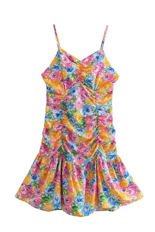 Xs-L Summer New Stylish Batch Printing Sling Zip-Up Inelastic Pleated Sexy Mini Dress - Vougese