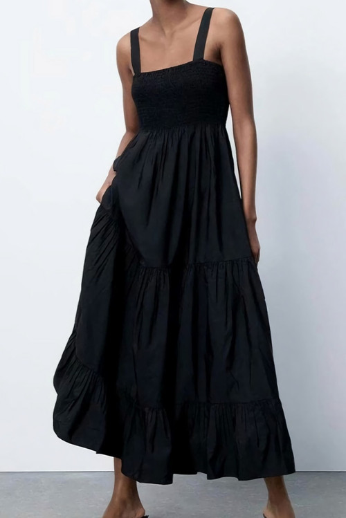 Xs-L Summer New Stylish Five Colors Square Neck Sling Inelastic Casual Maxi Dress - Vougese