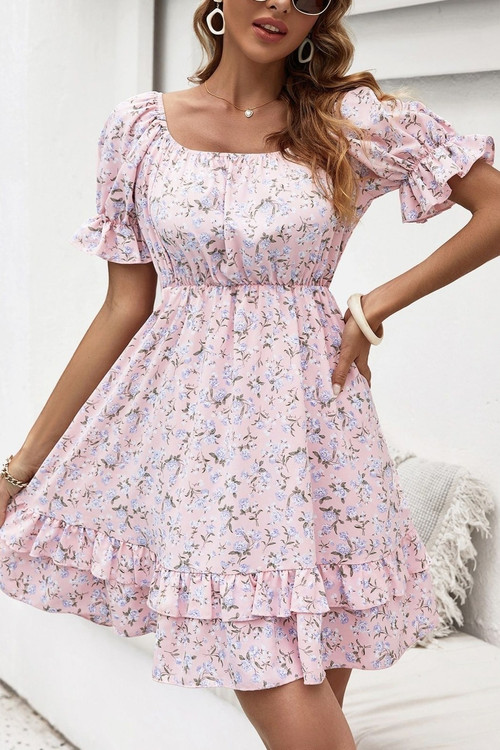 Xs-L Summer New Stylish Floral Batch Printing Micro Elastic Ruffle Square Neckline Lace-Up Loose Casual Mini Dress - Vougese