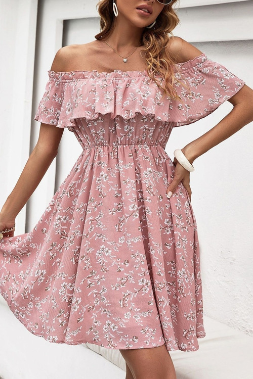 Xs-L Summer New Stylish Floral Batch Printing Stretch Off-The-Shoulder Ruffle Casual Mini Dress - Vougese