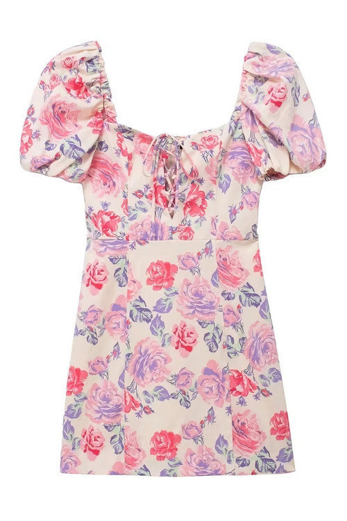 Xs-L Summer New Stylish Flower Batch Printing Puff Sleeve Inelastic Slim Zip-Up Hollow Lace-Up Sexy Mini Dress - Vougese