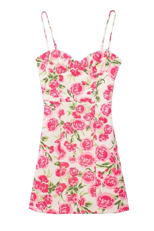 Xs-L Summer New Stylish Flower Batch Printing Sling Backless Zip-Up Inelastic Slim Sexy Mini Dress - Vougese