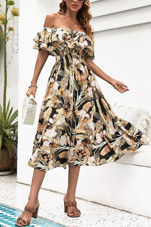 Xs-L Summer New Stylish Flower & Leaf Batch Printing Inelastic Off-The-Shoulder Ruffle Casual Midi Dress - Vougese