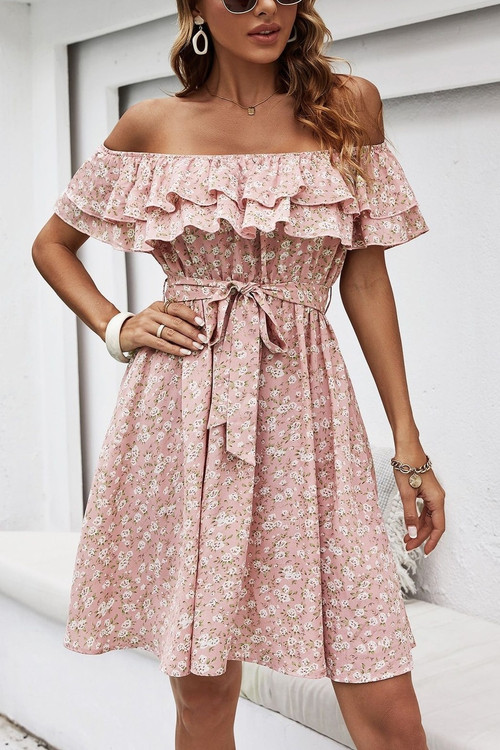 Xs-L Summer New Stylish Inelastic Floral Batch Printing Off-The-Shoulder Ruffle Casual Mini Dress With Belt - Vougese