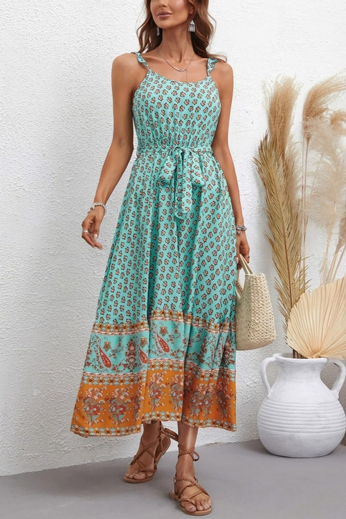 Xs-L Summer New Stylish Inelastic Floral Batch Printing Sleeveless Sling Backless With Belt Casual Midi Dress - Vougese