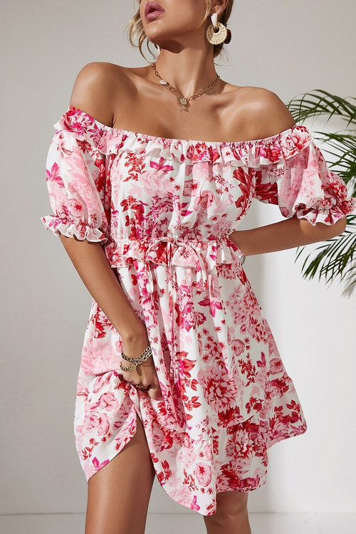 Xs-L Summer New Stylish Stretch Flower Printing Off-The-Shoulder Ruffle Lace-Up Casual Mini Dress Dresses - Vougese