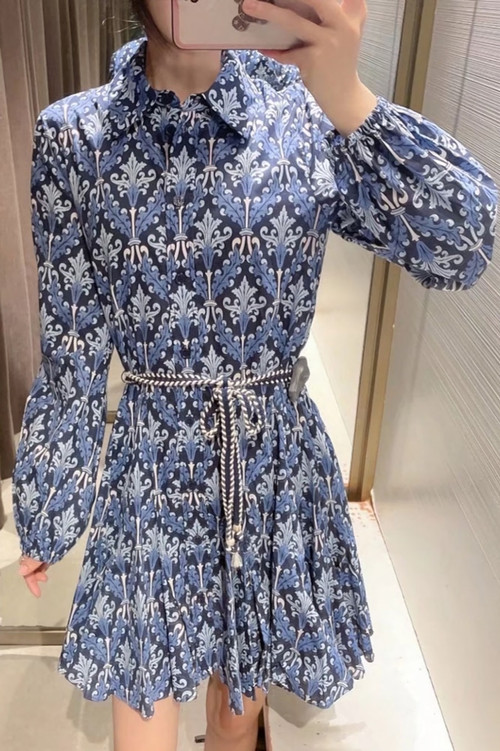 Xs-L Summer New Stylish Two Colors Batch Printing Lapel Button Long Sleeve Inelastic With Belt Casual Mini Dress - Vougese