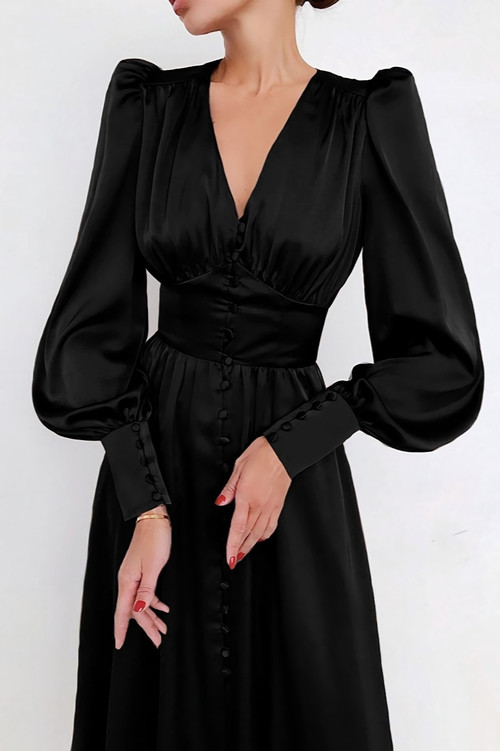 Xs-Xl Autumn New Stylish Nine Colors V-Neck Solid Color Lantern Sleeve Button Inelastic Casual Midi Dress - Vougese