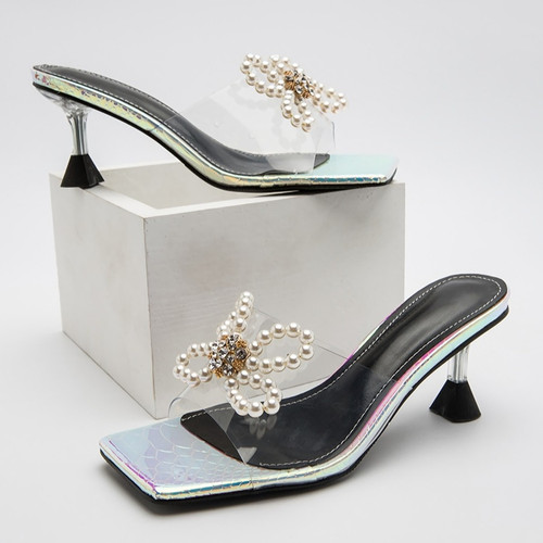 Summer New 3 Colors Square Toe Bow Rhinestone Pearl Decor Transparent Stylish High-Heel Sandals(Heel Height:7Cm) - Vougese