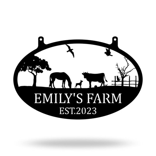 Farm animals metal sign featuring cow, horse, and dog, personalized with family name for rustic farmhouse entryway decor | Family Wall Decor