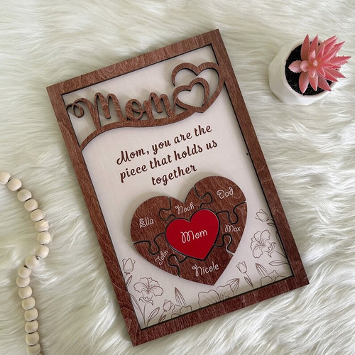Mother's Day layered wood sign with puzzle pieces, personalized names, You Are the Piece That Holds Us Together message | Family Wall Decor