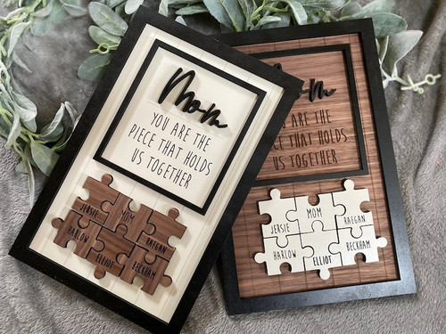Family names layered wood puzzle sign, custom engraved interlocking pieces; personalized gift for mom, mantel or wall decor | Familywalldecor