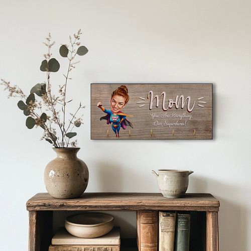 Super Mom caricature family key holder for wall-mounted entryway decor, superhero mom with multiple hooks, Mother's Day gift | Familywalldecor