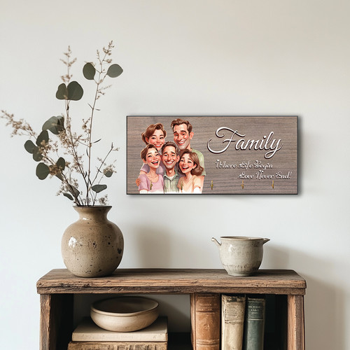 happy family caricature key holder, wooden horizontal wall-mounted, 4 hooks, personalized with names for entryway home decor | Familywalldecor
