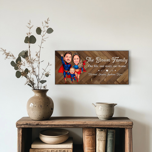 Caricature family wooden key holder for rustic wall decor, entryway organizer with hooks, charming gift for families | Family Wall Decor