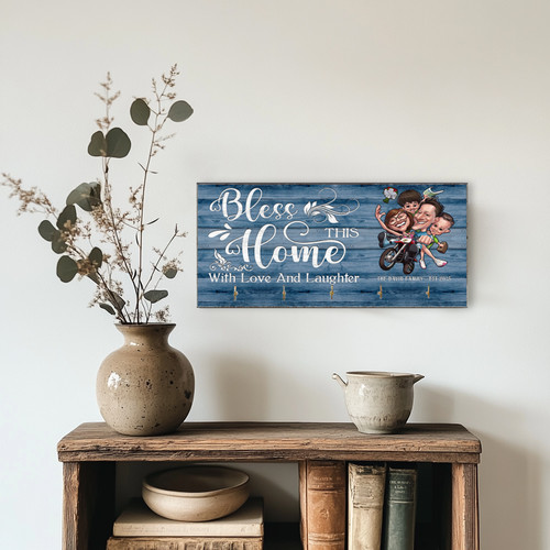 Bless This Home With Love and Laughter family caricature key holder, wall-mounted plaque with hooks for entryway home decor | Familywalldecor