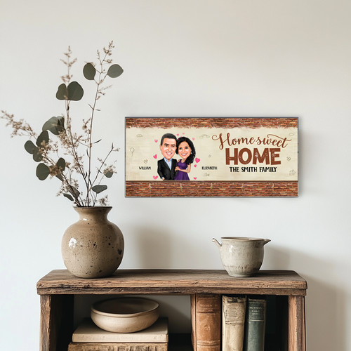 Custom family caricature key holder for wall with portraits of mom and dad, walnut wood, 4 hooks, rustic horizontal | Familywalldecor