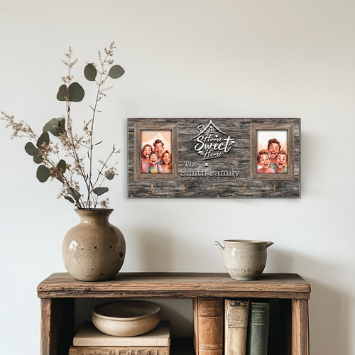 Home Sweet Home family caricature key holder, rustic wooden wall mount with multiple hooks for entryway organization and decor | Familywalldecor