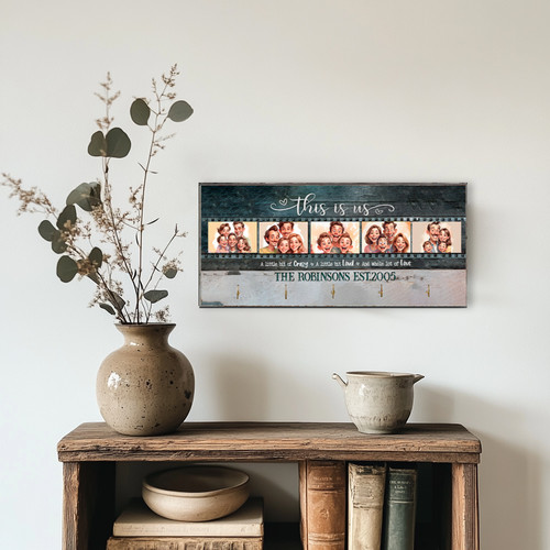 This Is Us family quote key holder, rustic wooden wall-mounted rack with hooks for entryway or mudroom, farmhouse decor | Familywalldecor