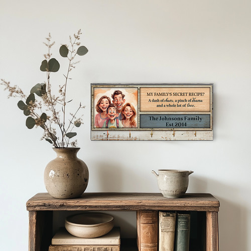 Caricature family key holder, wooden wall-mounted rack with multiple hooks for rustic entryway decor and organized keys | Familywalldecor