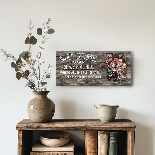 Welcome To Our Crazy Crew wooden key holder with caricature art and hooks, rustic wall-mounted plaque for entryway decor | Familywalldecor
