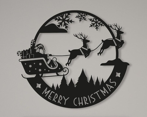 Merry Christmas Santa metal wall art sign with reindeer and sleigh, hanging front door holiday decor or festive gift | Family Wall Decor
