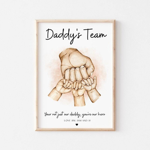 Father's Day wall art with Daddy's Team fist bump graphic, personalized with kids' names and date; thoughtful gift for dad | Family Wall Decor AU