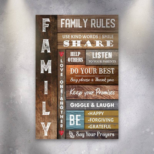 Family rules wall decor sign, modern farmhouse style for living room, rustic wood look with typography and neutral tones | Familywalldecor