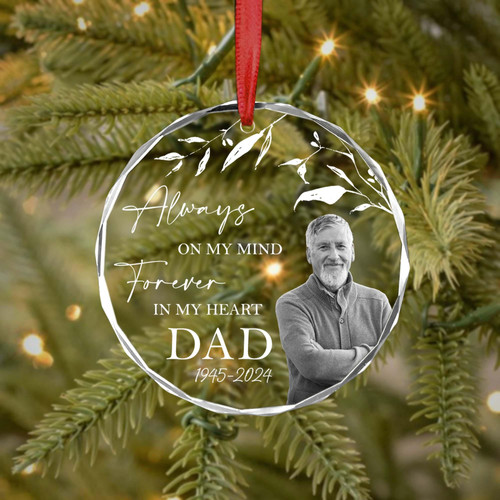 Memorial Christmas ornament, personalized photo keepsake for loss of Dad, round ceramic with gold ribbon, hanging on tree | Familywalldecor