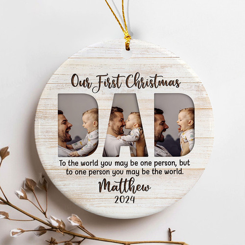 Personalized photo ornament for Dad, first Christmas keepsake from son, add baby photo, custom name and date for new father | Family Wall Decor