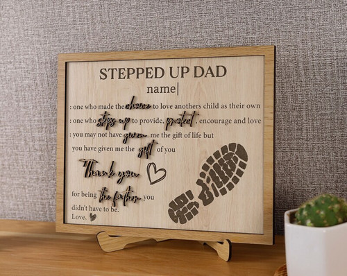Personalized step-dad wooden sign with heartfelt quote, light oak finish, custom kids’ names—Father’s Day gift from kids | Family Wall Decor