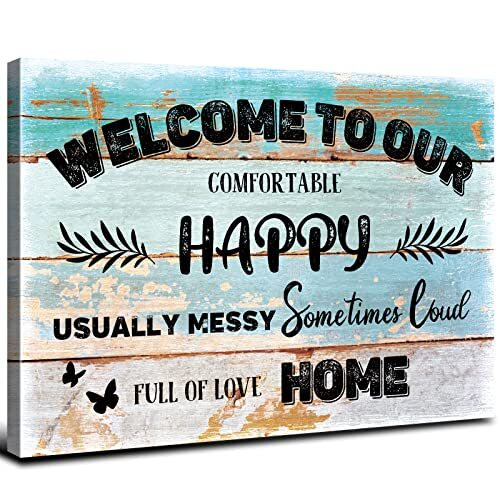 Rustic farmhouse welcome canvas wall art with family quotes, distressed wood look, cursive script, ideal for entryway decor | Family Wall Decor