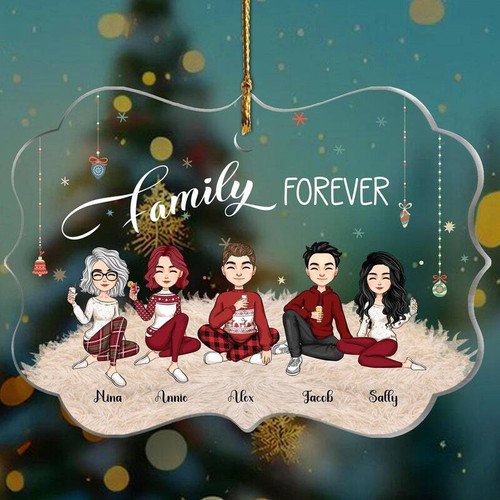 Family Forever Christmas ornament personalized with family names and 2024, round ceramic, red ribbon hanger for holiday tree | Familywalldecor